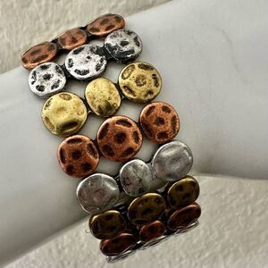 Multi Metal three Row Disc wide stretchy bracelet